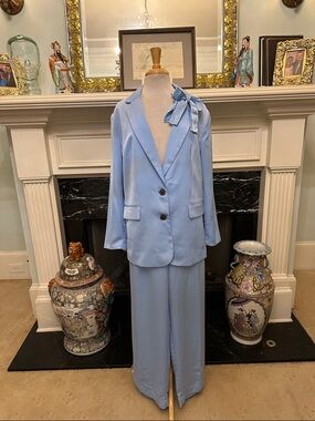 a new day Powder Blue Satin Blazer & Wide-Leg Pants Set